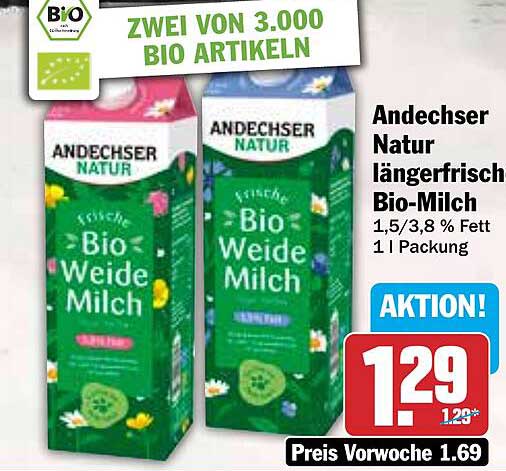 Andechser Natur längerfrisch Bio-Milch 1,5/3,8 % Fett 1 l Packung