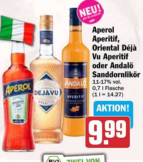 Aperol Aperitiv, Oriental Déjà Vu Aperitiv oder Andalö Sanddornlikör