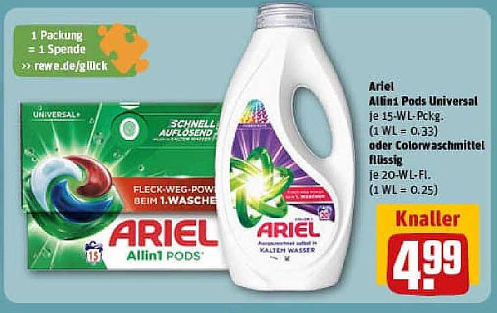 Ariel Allin1 Pods Universal 15 WL oder Colorwaschmittel flüssig 20 WL