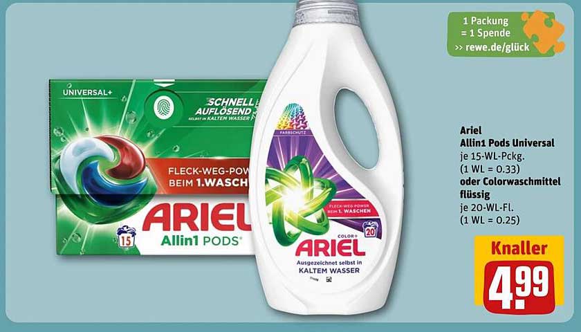 Ariel Allin1 Pods Universal je 15-WL-Pckg. oder Colorwaschmittel flüssig je 20-WL-Fl.
