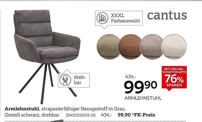 Armlehnstuhl cantus – strapazierfähiger Bezug in Grau, schwarzes Gestell, drehbar