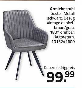 Armlehnstuhl Gestell Metall schwarz, Bezug Vintage dunkel-braun/grau, 180° drehbar, Autoreturn