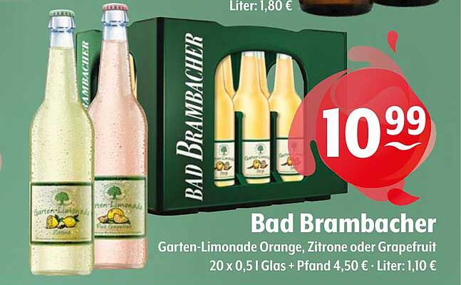 Bad Brambacher Garten-Limonade Orange, Zitrone oder Grapefruit 20 x 0,51 l