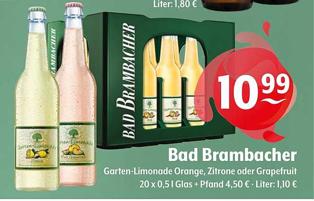 Bad Brambacher Garten-Limonade Orange, Zitrone oder Grapefruit 20 x 0,5l