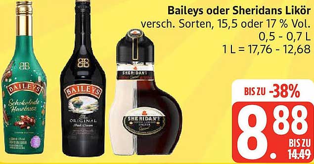 Baileys oder Sheridans Likör – verschiedene Sorten, 15,5 oder 17 % Vol.
