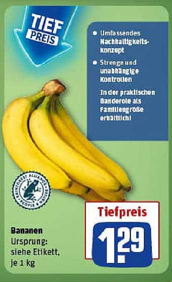 Bananen, je 1 kg zum Tiefpreis von 1,29 €