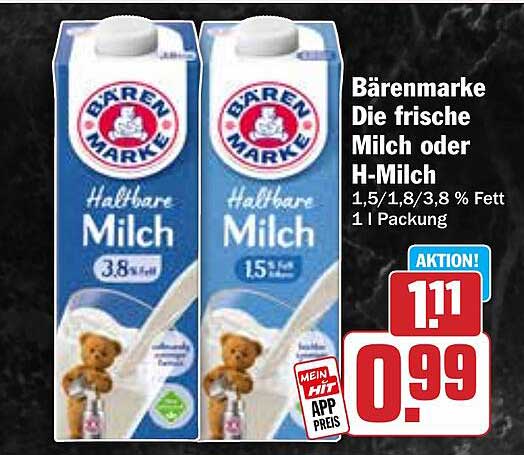 Bärenmarke Die frische Milch oder H-Milch 1,5/1,8/3,8 % Fett 1 l Packung