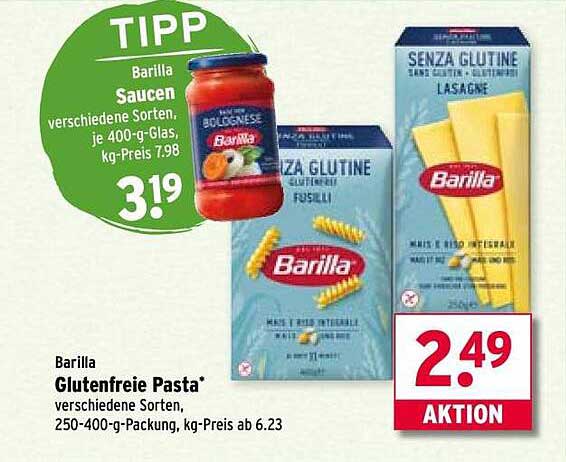 Barilla Glutenfreie Pasta* verschiedene Sorten, 250-400-g-Packung, kg-Preis ab 6.23
