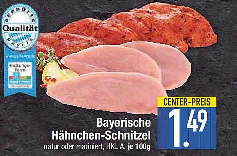 Bayerische Hähnchen-Schnitzel natur oder mariniert, HKL A, je 100g