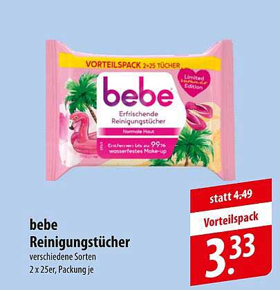 bebe Erfrischende Reinigungstücher – Vorteilspack (2 x 25 Stück)