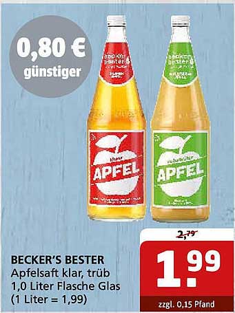 BECKER'S BESTER Apfelsaft klar, trüb 1,0 Liter Flasche Glas