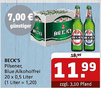 BECK'S Pilsener und Blue Alkoholfrei 20 x 0,5 Liter