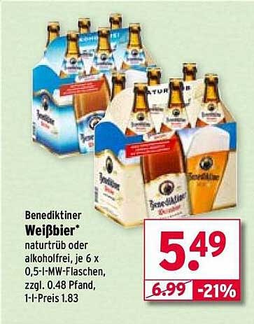 Benediktiner Weißbier naturtrüb oder alkoholfrei, je 6 x 0,5-l-MW-Flaschen