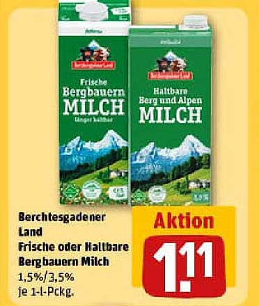 Berchtesgadener Land Frische oder Haltbare Bergbauern Milch 1,5%/3,5%