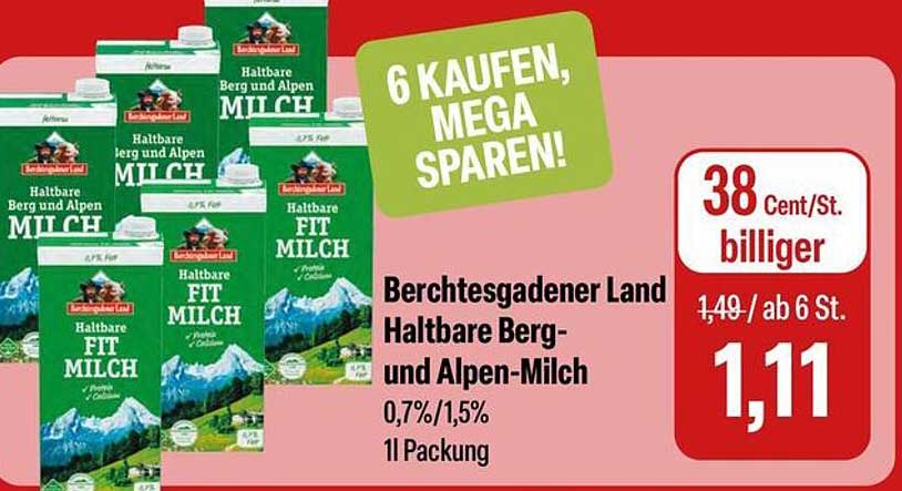 Berchtesgadener Land Haltbare Berg- und Alpen-Milch 0,7%/1,5%, 1l Packung