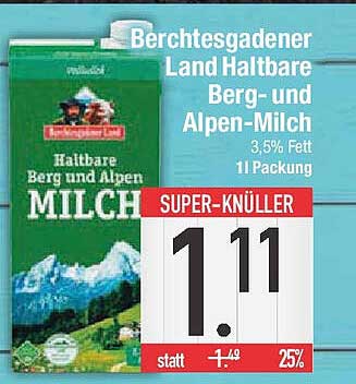 Berchtesgadener Land Haltbare Berg- und Alpen-Milch 3,5% Fett 1l Packung