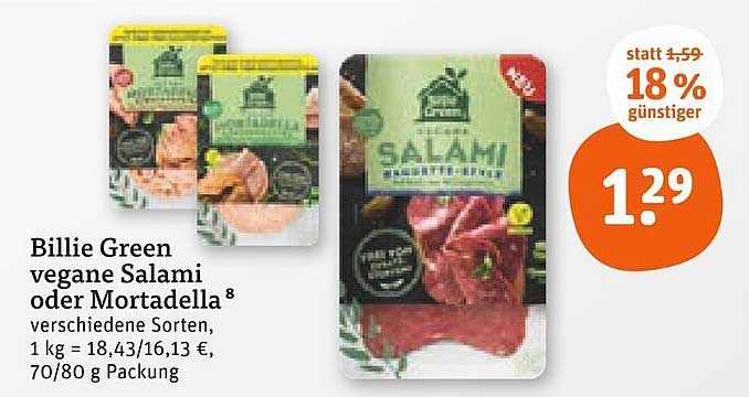Billie Green vegane Salami oder Mortadella, verschiedene Sorten
