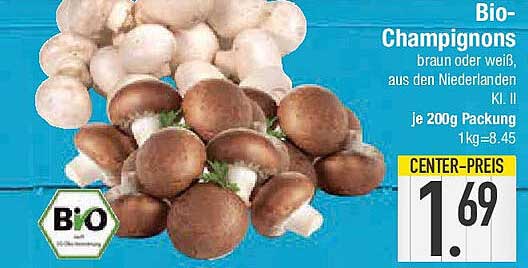 Bio-Champignons braun oder weiß, aus den Niederlanden, Kl. II, je 200g Packung