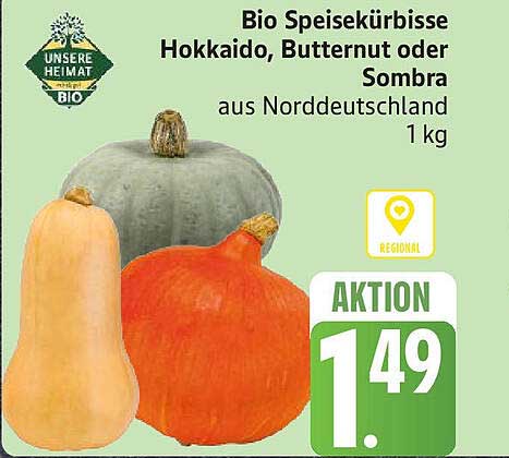 Bio Speisekürbisse Hokkaido, Butternut oder Sombra aus Norddeutschland 1 kg