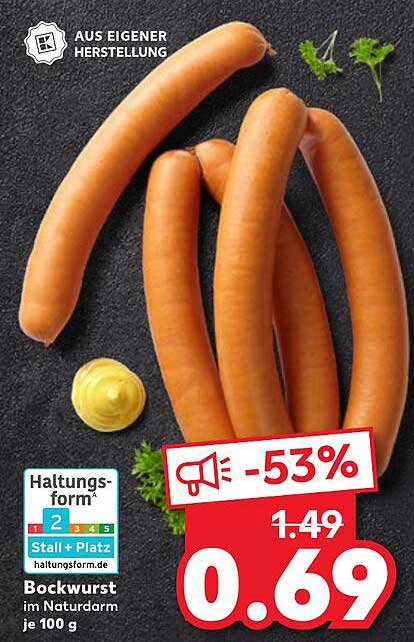 Bockwurst im Naturdarm je 100 g - jetzt nur 0,69 €