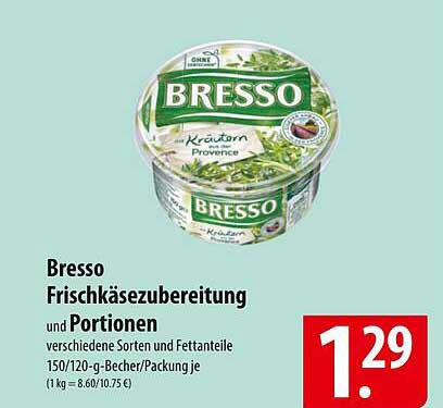 Bresso Frischkäsezubereitung und Portionen, verschiedene Sorten und Fettanteile