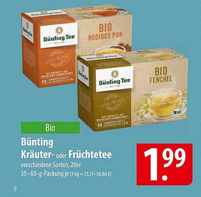 Bünting Kräuter- oder Früchtetee, verschiedene Sorten, 20er