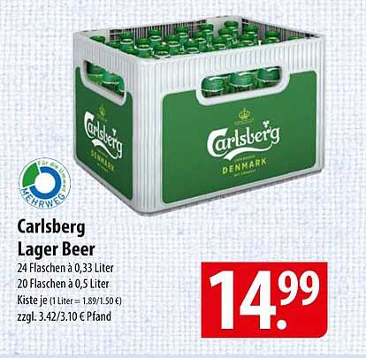 Carlsberg Lager Beer - Kasten mit 24 Flaschen à 0,33 Liter oder 20 Flaschen à 0,5 Liter