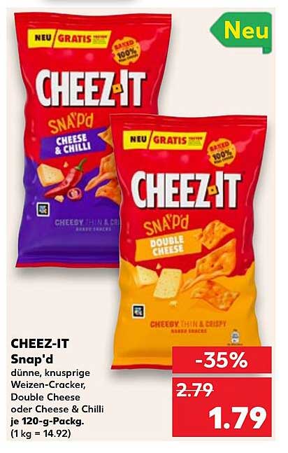 CHEEZ-IT Snap'd dünne, knusprige Weizen-Cracker, Double Cheese oder Cheese & Chilli je 120-g-Pack.