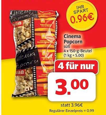 Cinema Popcorn süß 4 x 150-g-Beutel