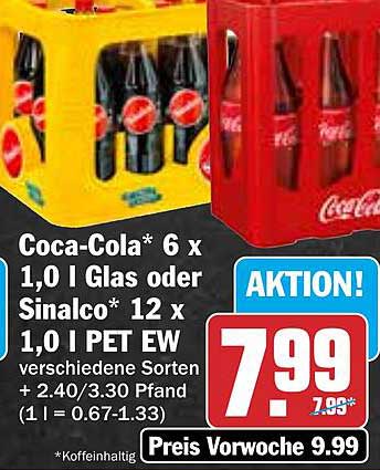 Coca-Cola 6 x 1,0 l Glas oder Sinalco 12 x 1,0 l PET EW