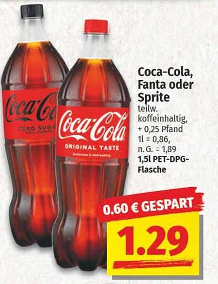 Coca-Cola, Fanta oder Sprite 1,5l PET-DPG-Flasche