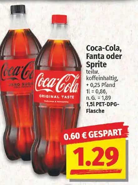 Coca-Cola, Fanta oder Sprite in 1,5l PET-DPG-Flasche