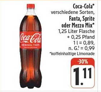 Coca-Cola, Fanta, Sprite oder Mezzo Mix - 1,25 Liter Flasche