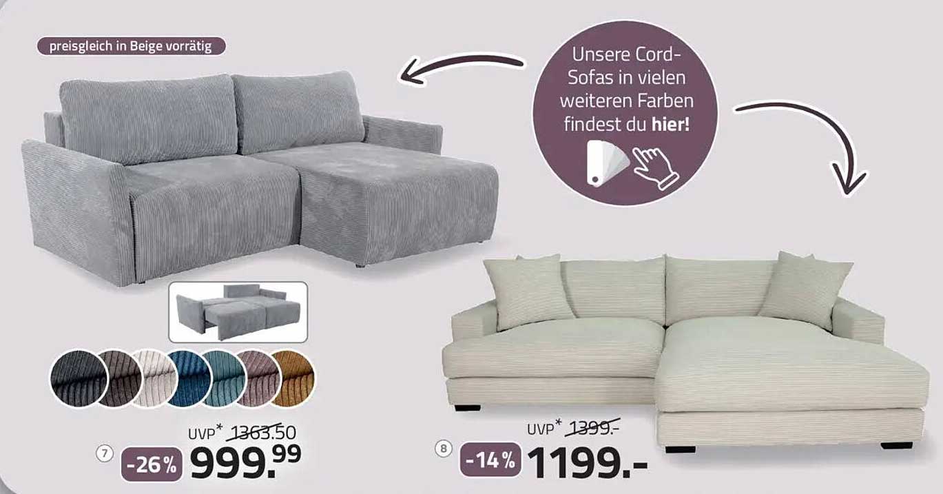 Cord-Sofa mit Ottomane in Grau
