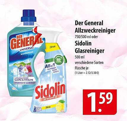 Der General Allzweckreiniger 750/500 ml oder Sidolin Glasreiniger 500 ml verschiedene Sorten Flasche je