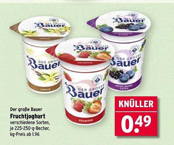 Der große Bauer Fruchtjoghurt verschiedene Sorten, je 225-250-g-Becher