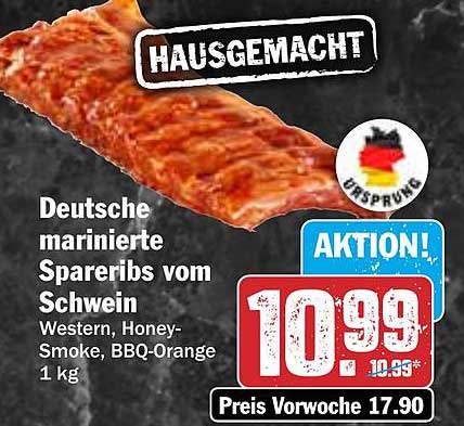 Deutsche marinierte Spare Ribs vom Schwein - Western, Honey-Smoke, BBQ-Orange 1 kg