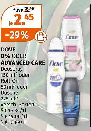 DOVE 0% oder ADVANCED CARE Deospray, Roll-On und Duschgel im Angebot