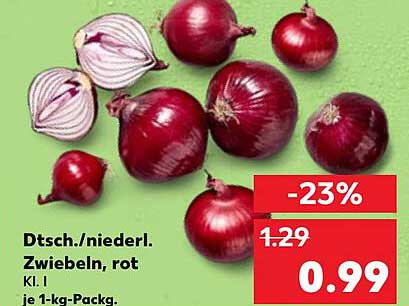 Dt. Nied. Zwiebeln, rot, Kl. I, je 1-kg-Pack.
