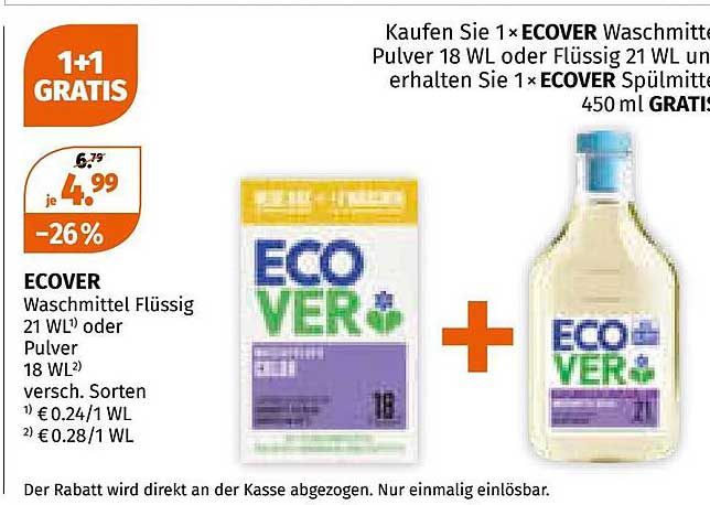 ECOVER Waschmittel Flüssig 21 WL oder Pulver 18 WL – jetzt mit GRATIS Ecover Spülmittel 450 ml!