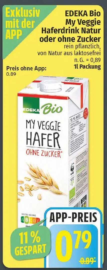 EDEKA Bio My Veggie Haferdrink Natur oder ohne Zucker - 1L