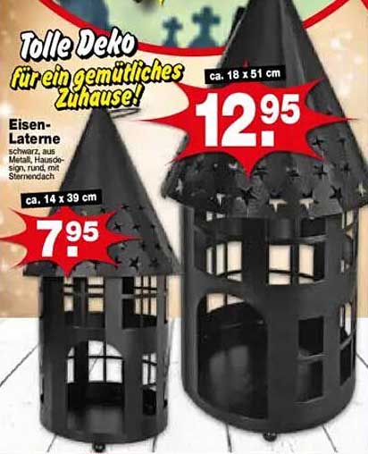 Eisen-Laterne schwarz aus Metall, Haus-Silhouette, rund, mit Sternendach