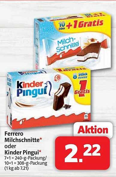 Ferrero Milchschitte oder Kinder Pingui, 10 Stück + 1 Gratis!