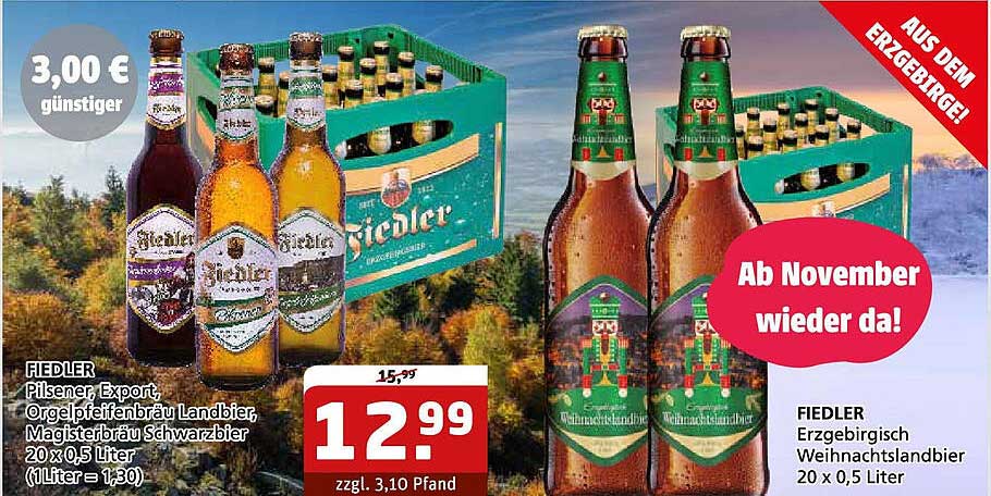 FIEDLER Pilsener, Export, Orgelfeinerbräu Landbier, Magisterbräu Schwarzbier 20 x 0,5 Liter