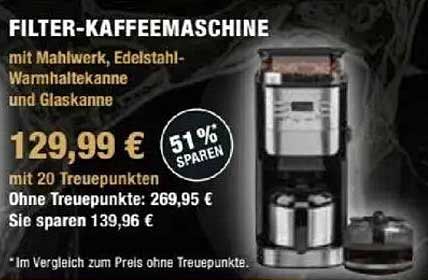FILTER-KAFFEEMASCHINE mit Mahlwerk, Edelstahl-Warmhaltekanne und Glaskanne