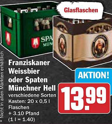 Franziskaner Weissbier oder Spaten Münchner Hell – 20 x 0,5 l Kasten