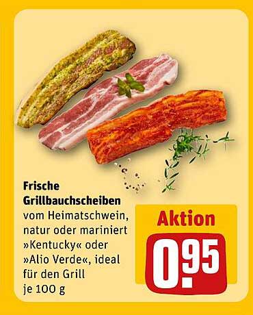 Frische Grillbauchscheiben vom Heimatschwein, natürlich oder mariniert 'Kentucky' oder 'Alio Verde', ideal für den Grill je 100 g