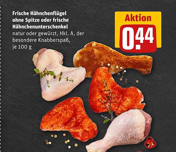 Frische Hähnchenflügel ohne Spitze oder frische Hähnchenunterschenkel, je 100 g