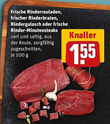 Frische Rinderrouladen, frischer Rinderbraten, Rindergulasch oder frische Rinder-Minutensteaks