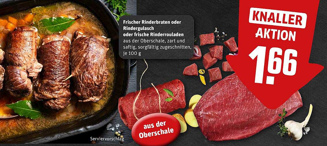 Frischer Rinderbraten, Rindergulasch oder frische Rinderrouladen aus der Oberschale